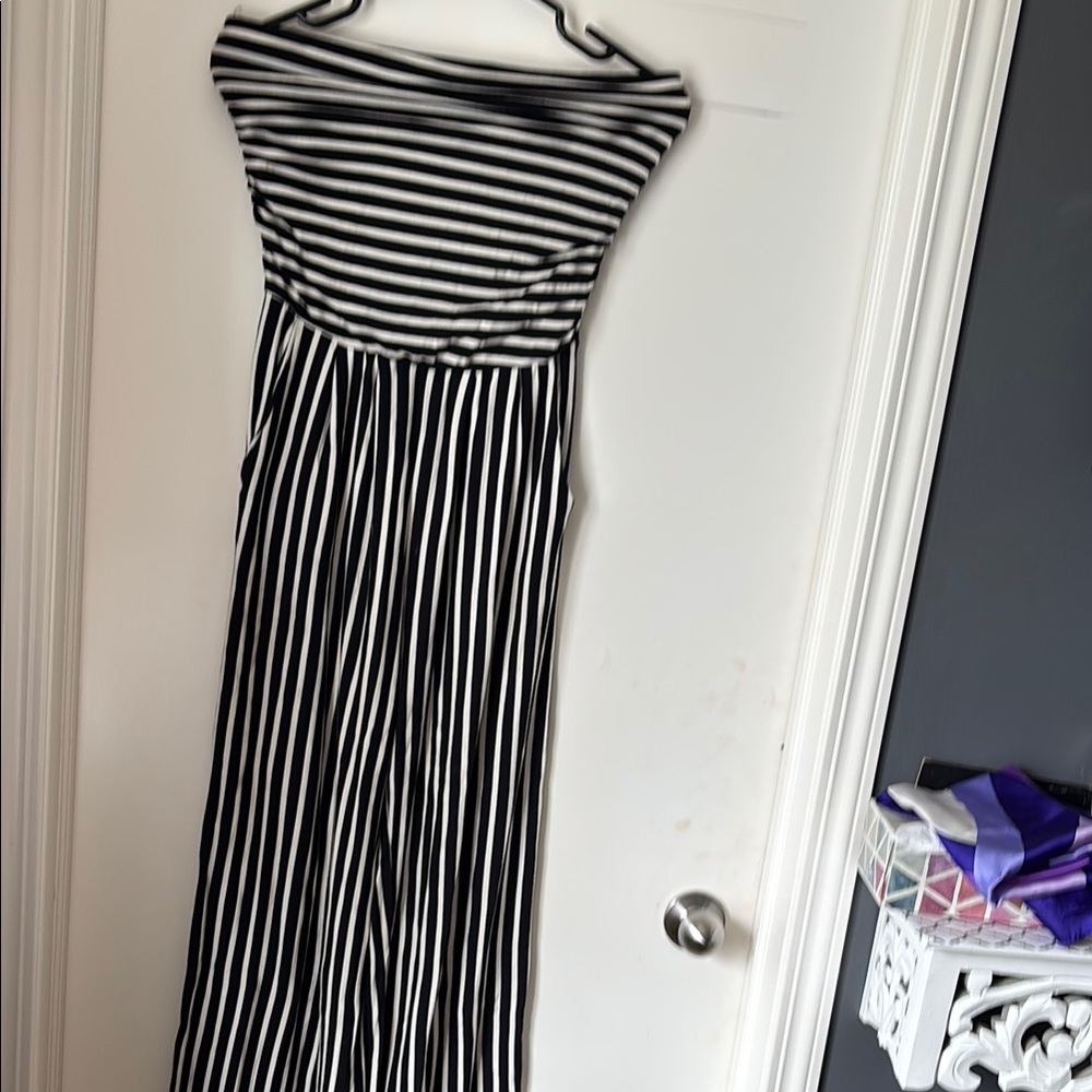 Black and White Striped strapless jumpsuit